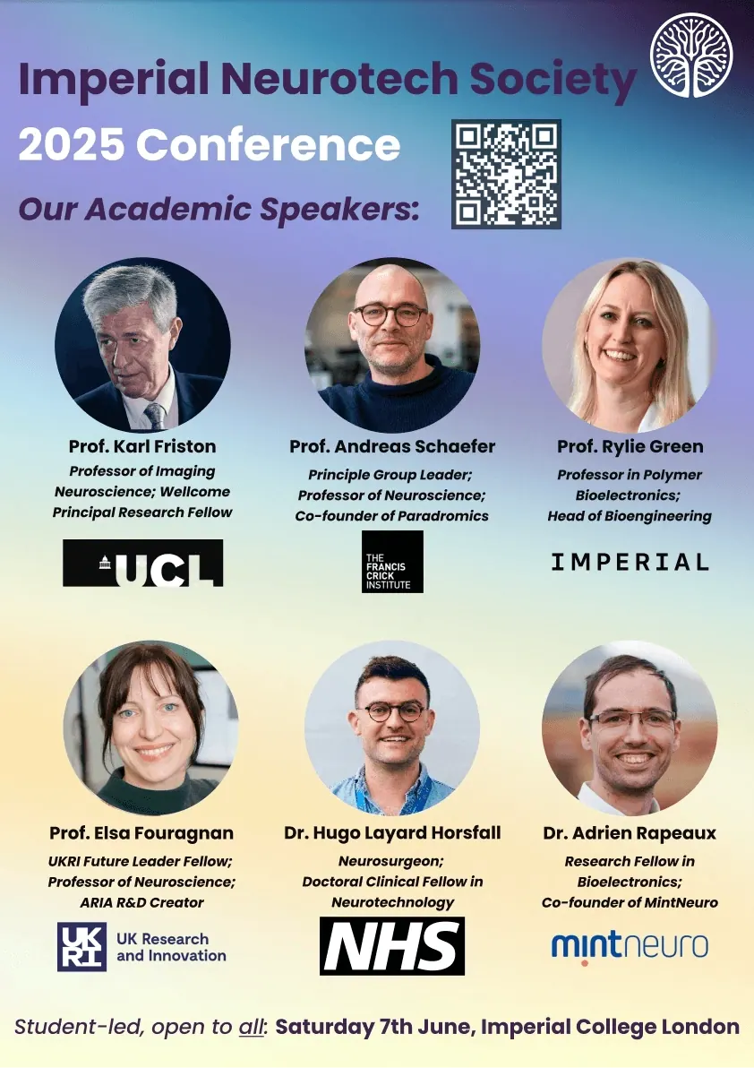 Poster listing the academic speakers at the Imperial Neurotech Society 2025 Conference
