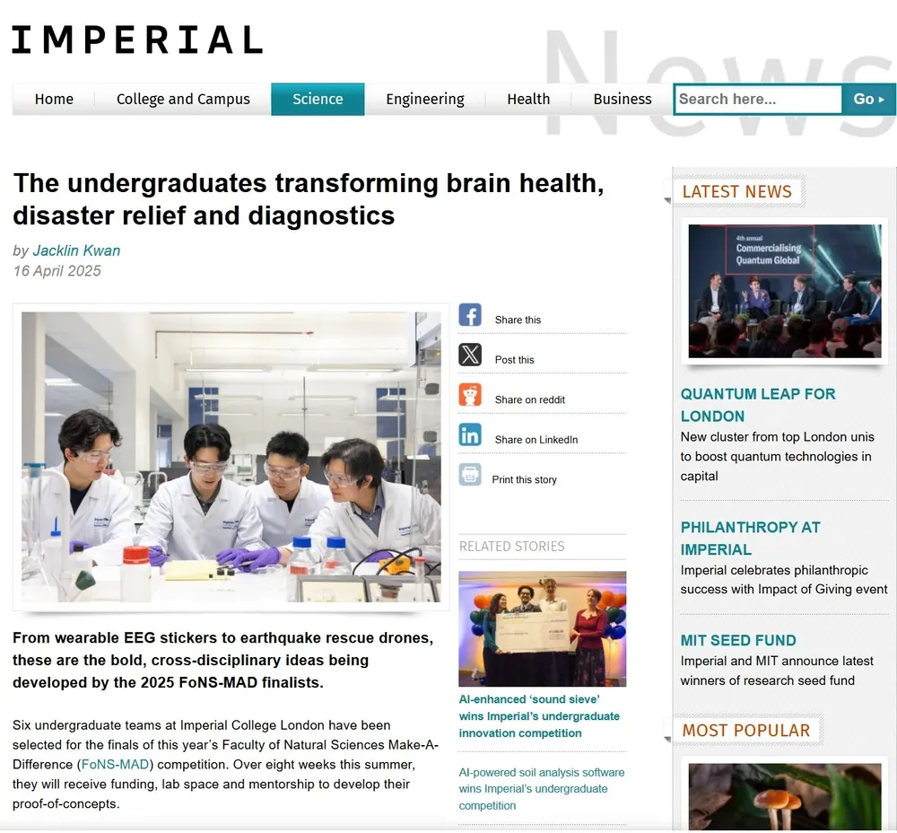 Imperial News article headlined The undergraduates transforming brain health, disaster relief and diagnostics