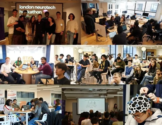 Collage of photos from the London Neurotech Hackathon 2025: group photo, teams working, and a participant wearing an EEG cap