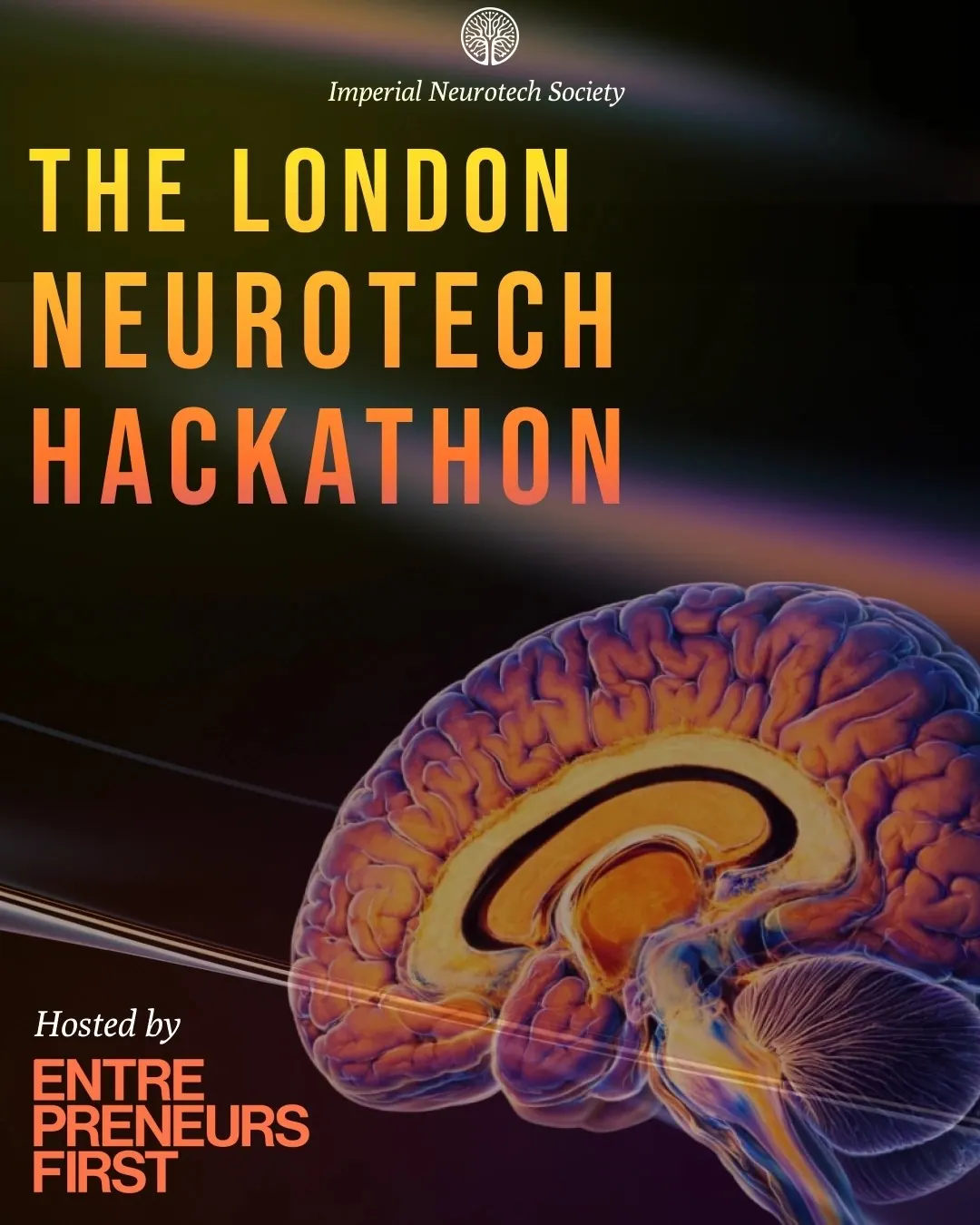 Poster for The London Neurotech Hackathon, hosted by Entrepreneurs First, showing an illustrated brain
