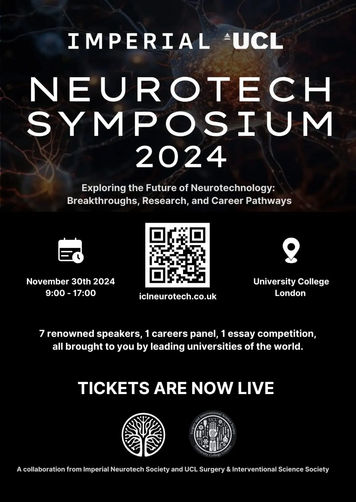 Imperial and UCL Neurotech Symposium 2024 poster announcing that tickets are live
